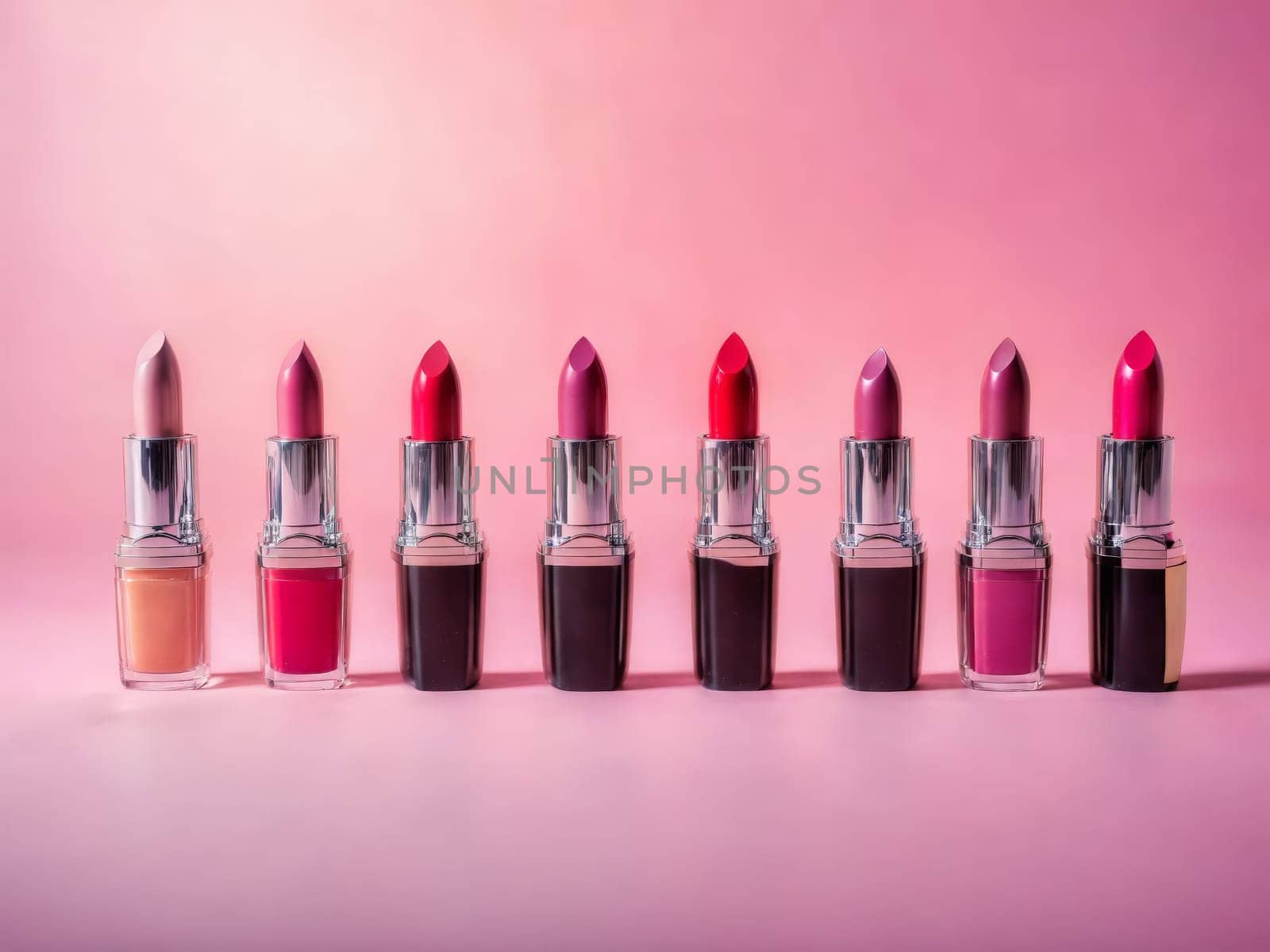 Colorful beauty product flatlay lipsticks compacts brushes scattered on pastel background bright top down lighting by panophotograph
