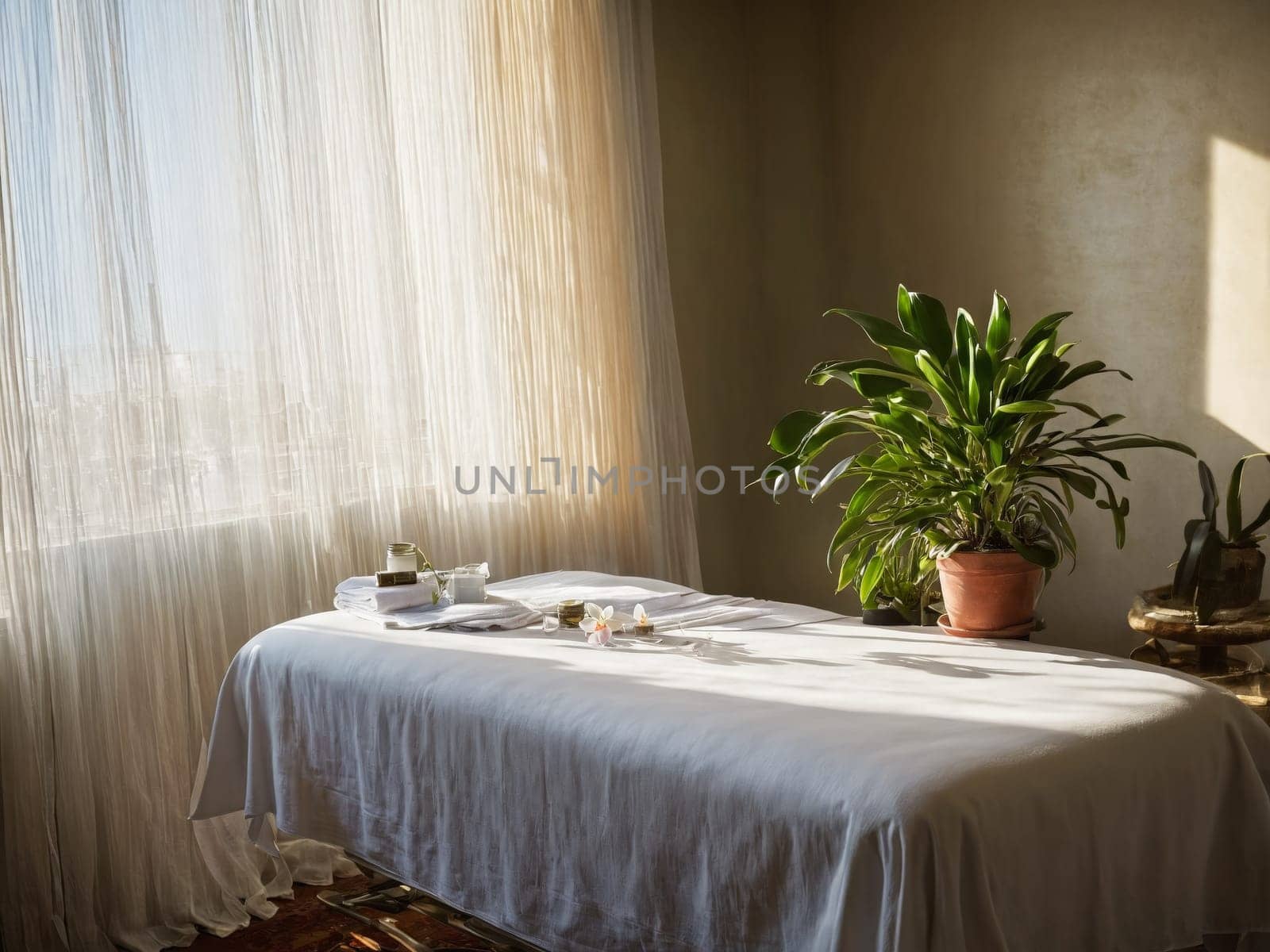 Sunlit esthetician s treatment room crisp linens on massage table potted orchid sheer curtains ethereal by panophotograph