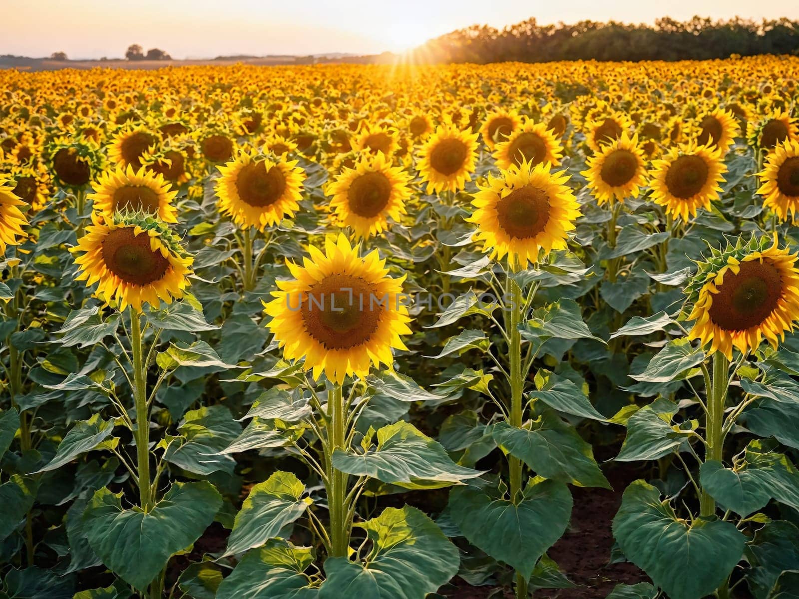 Dense field of sunflowers vibrant yellow petals rich green leaves bright summer sun blue sky by panophotograph