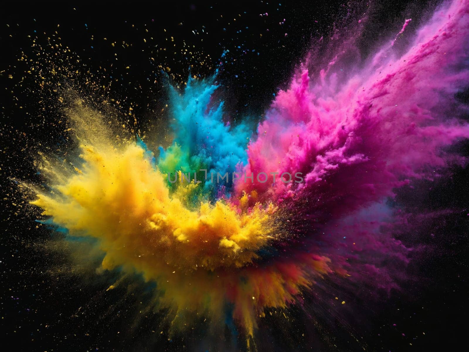Splashes of colorful powder paint vibrant rainbow hues dynamic explosive motion fine airborne particles dark by panophotograph
