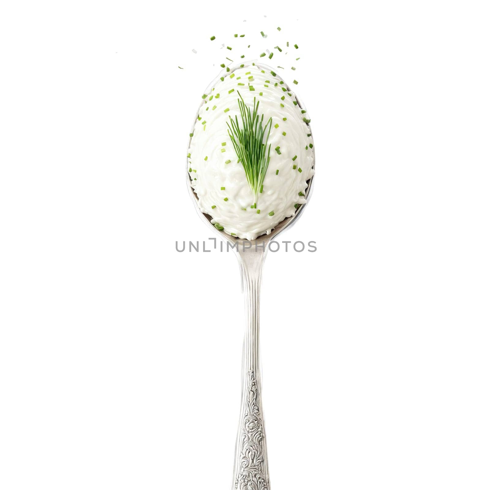 Sour cream dollop on spoon with chives sprinkled and steam rising Food and culinary concept. Food isolated on transparent background.