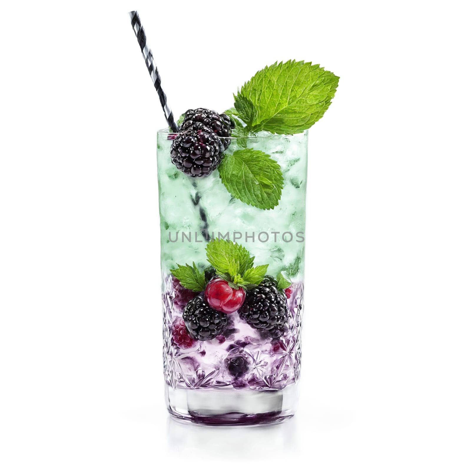 Marionberry mojito with muddled berries and mint leaves suspended in liquid Food and culinary concept. Food isolated on transparent background.