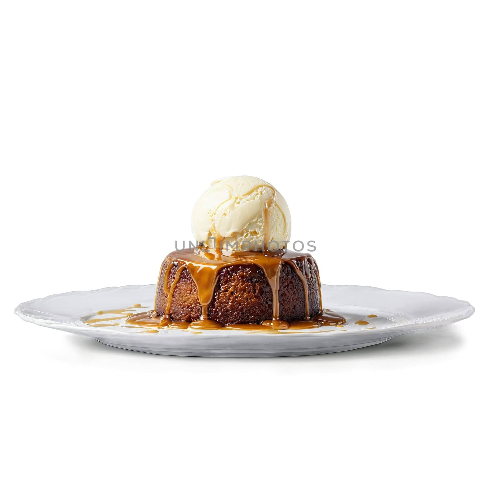 Sticky toffee pudding with caramel sauce and vanilla ice cream melting Food and culinary concept. Food isolated on transparent background.