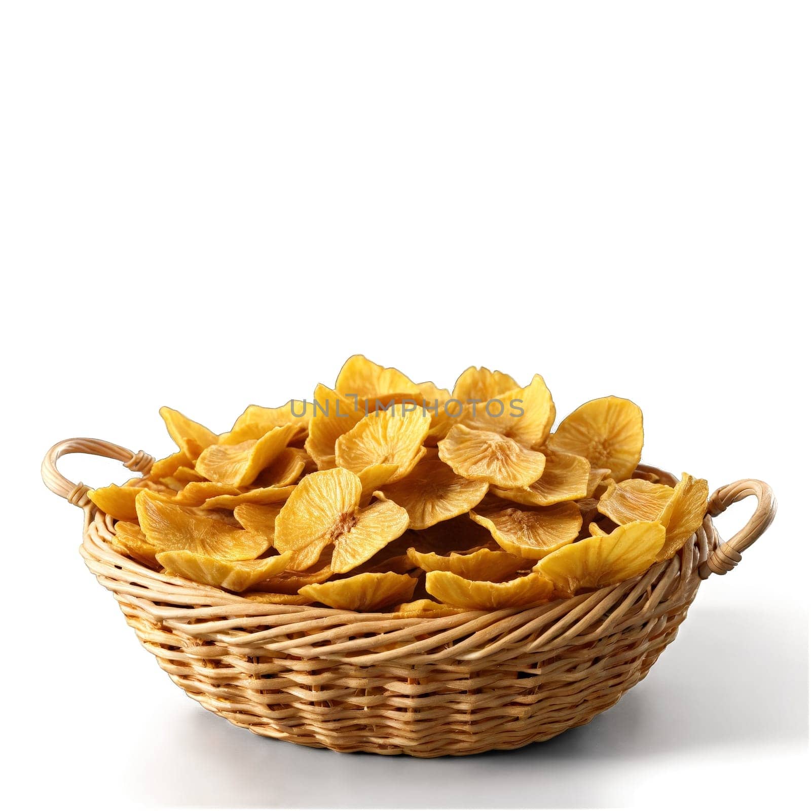 Dried jackfruit chips in an enthusiastic wicker basket deep yellow with a crunchy texture. Food isolated on transparent background.