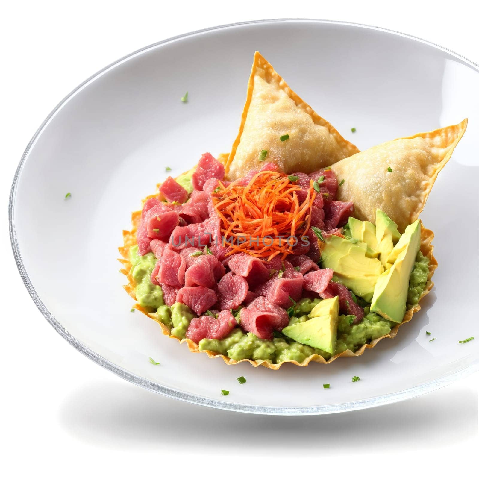 Beef tartare taco chopped raw beef mound avocado rose crispy wonton shell in glass dish. Food isolated on transparent background.