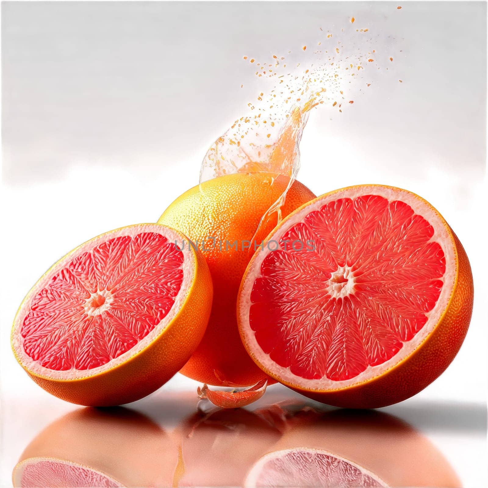 Tangy grapefruits splitting segments midair juice misting Citrus paradisi Food and Culinary concept. Food isolated on transparent background.