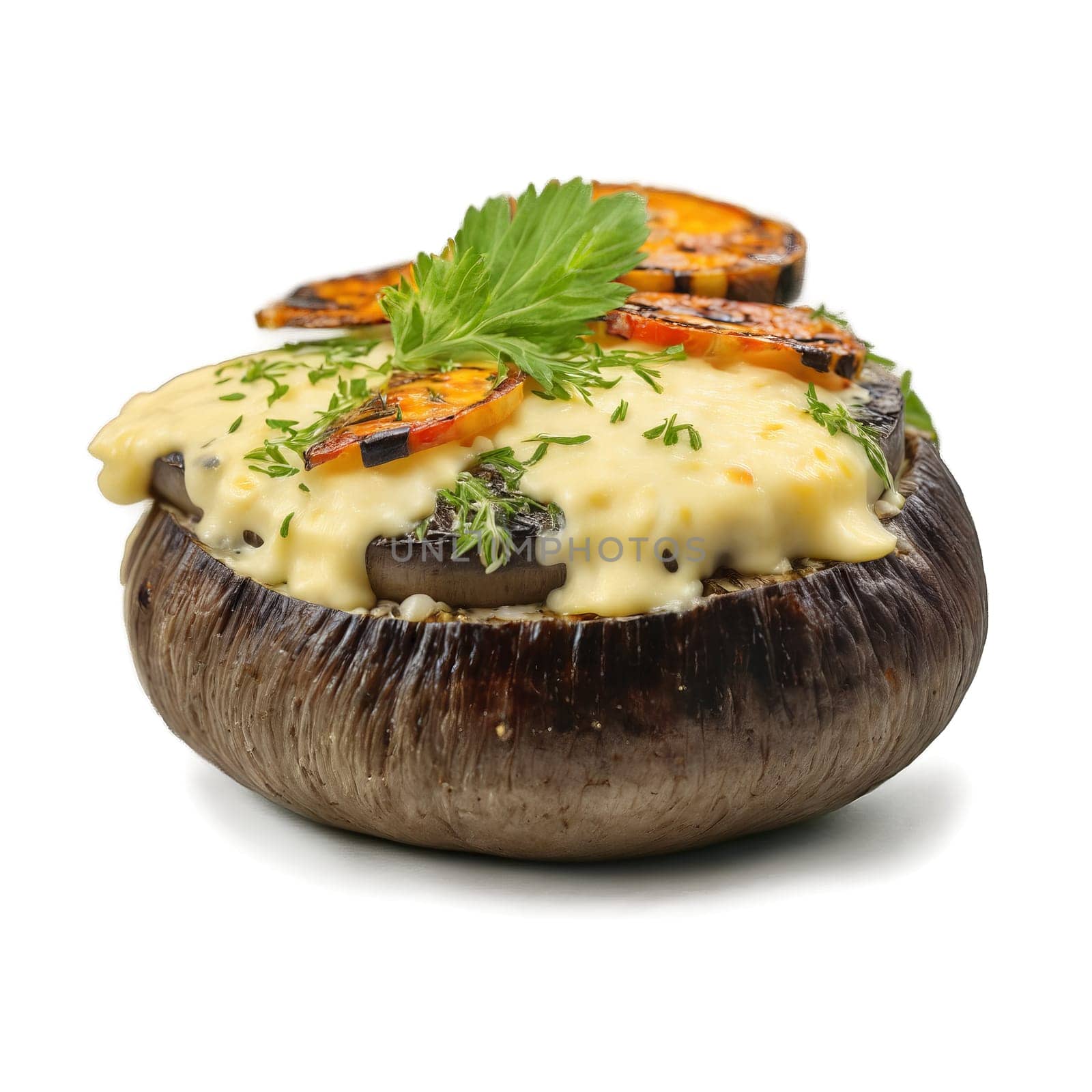 Grilled portobello mushroom cap stuffed with herbs and cheese Summer food concept Final image should. close-up food, isolated on transparent background