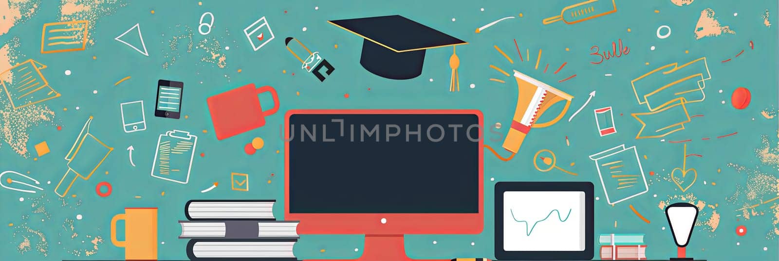 A computer, stack of books, and a graduation cap arranged neatly on a desk representing the concept of online education and personal development.