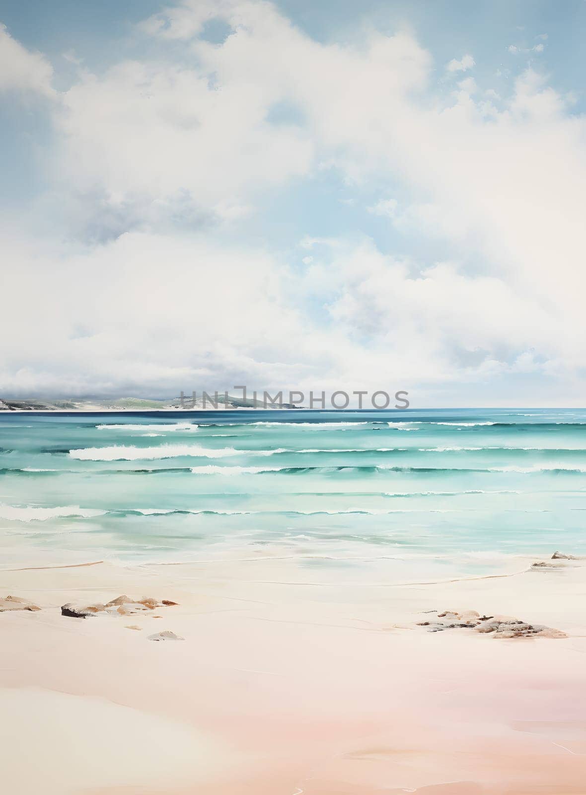 A natural landscape painting depicting a beach with a clear blue sky, fluffy cumulus clouds, and a shimmering water horizon, capturing the beauty of the fluid and atmospheric phenomenon