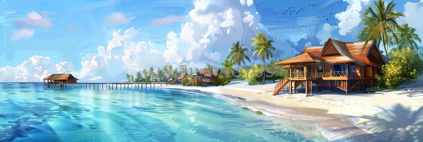 A painting showcasing a tropical beach setting with a hut under palm trees, white sand, and turquoise waters.