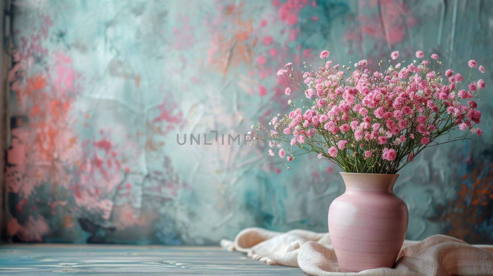 A line of vases showcasing a variety of vibrant colored flowers in bloom. Bright potted flowers on the background.