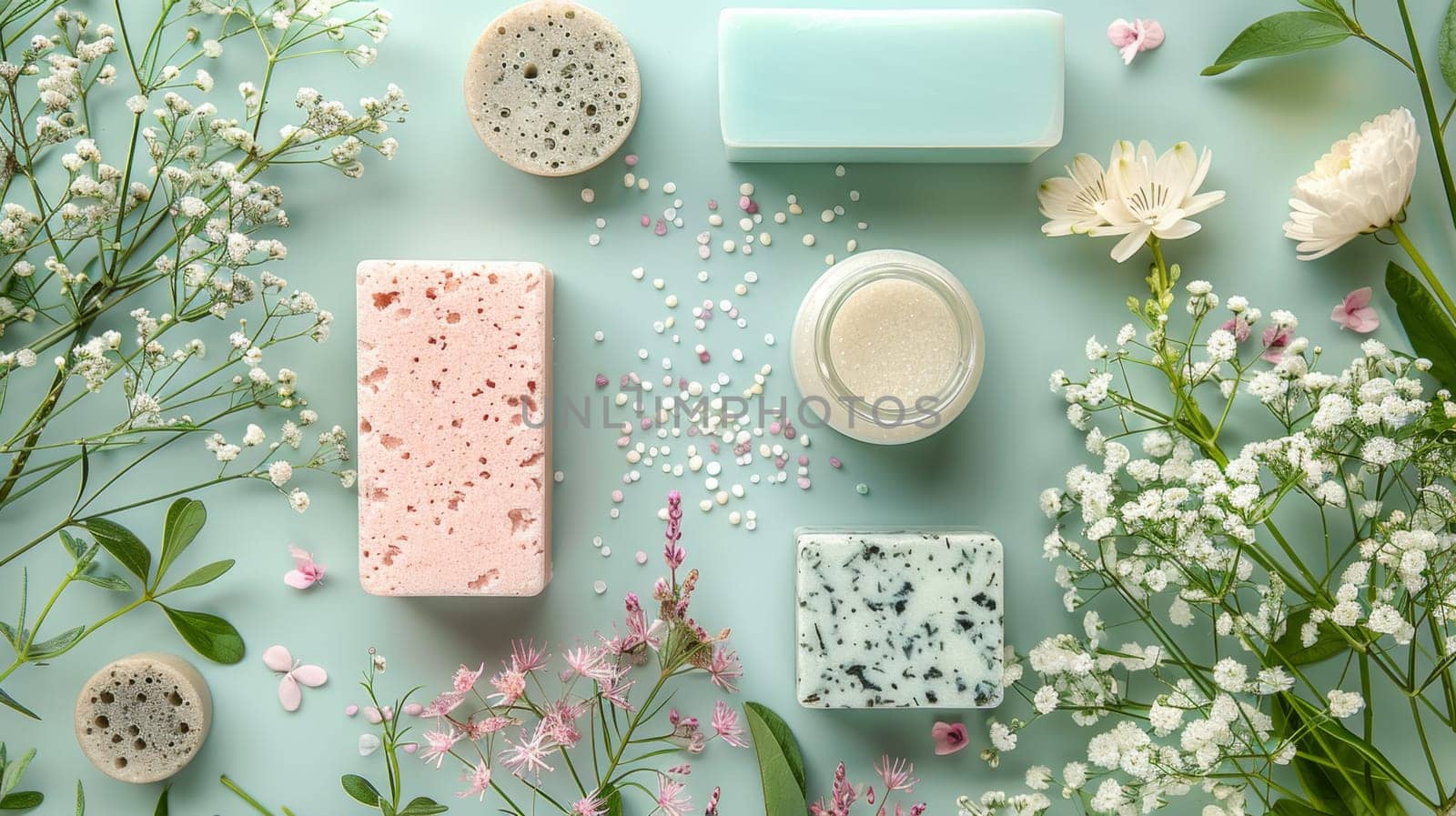 Colorful flowers on pieces of soap. Environmental background design.