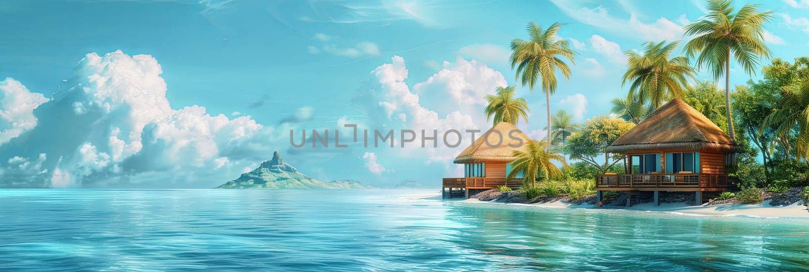 A painting showcasing a tropical island with palm trees, beachfront bungalows, and an azure sea.