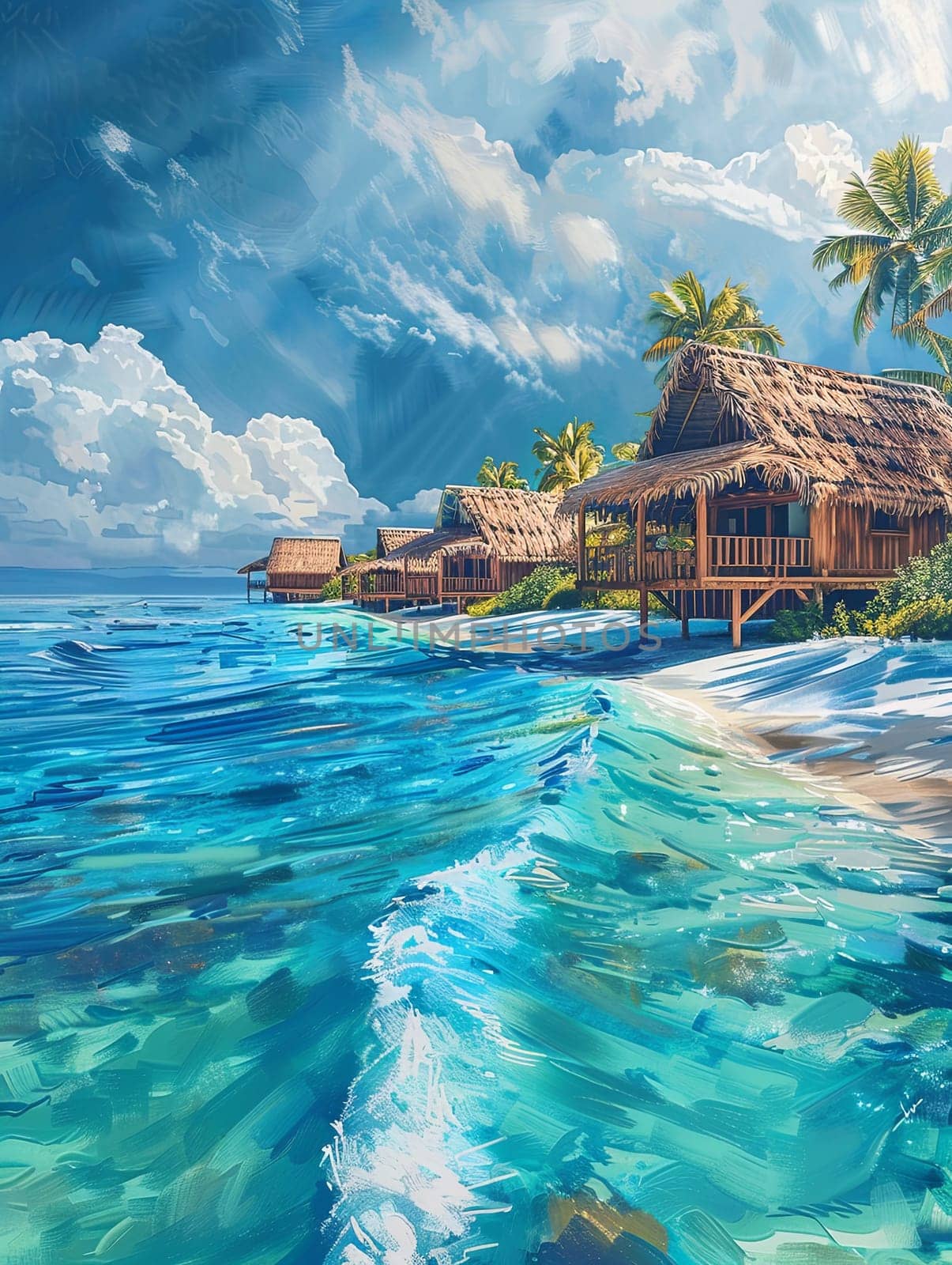 A painting featuring a tropical beach with a hut overlooking the azure sea. Generative AI by AnatoliiFoto