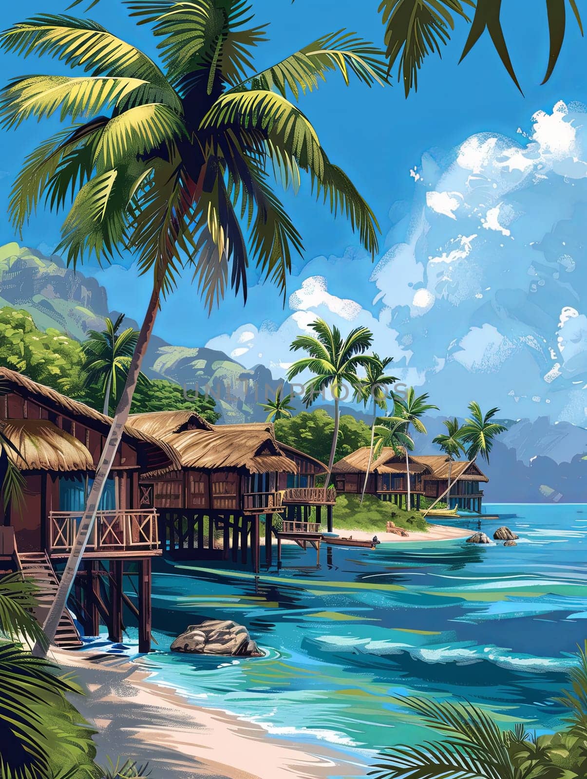 A painting depicting a tropical beach with palm trees and a serene sea under a clear blue sky.