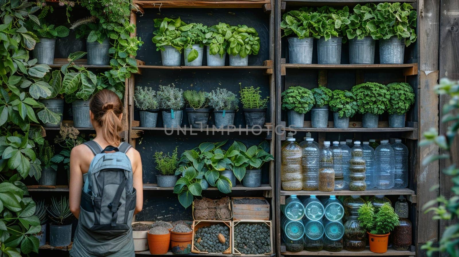 A collection of different green plants in different pots on shelves in a store . Ecological theme.