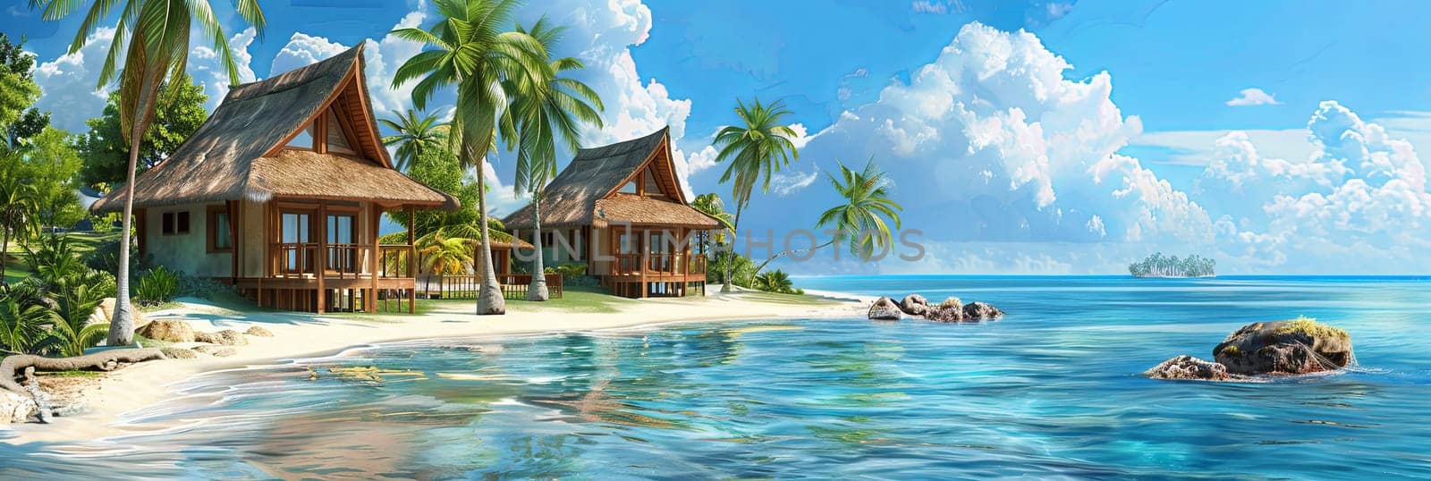 A painting depicting a tropical beach with huts lining the shore and the azure sea in the background.
