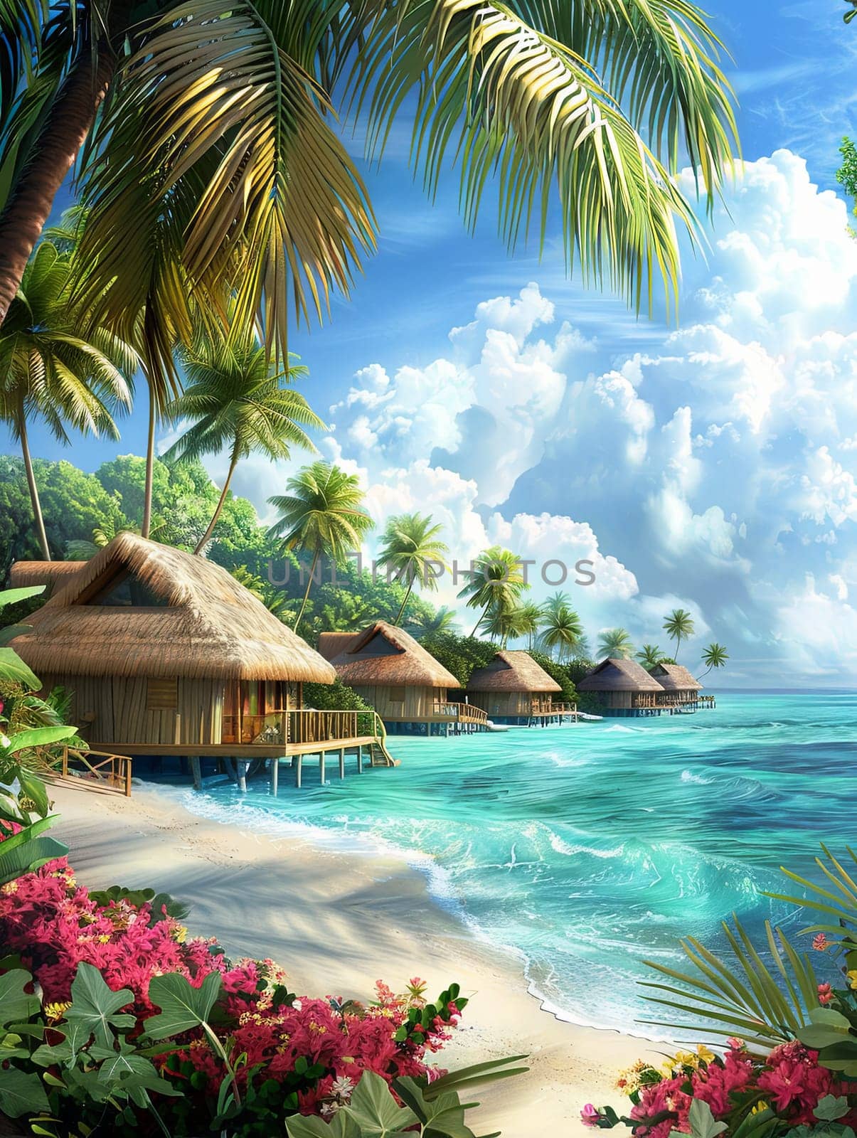 A painting depicting a tropical beach with palm trees under a clear blue sky.