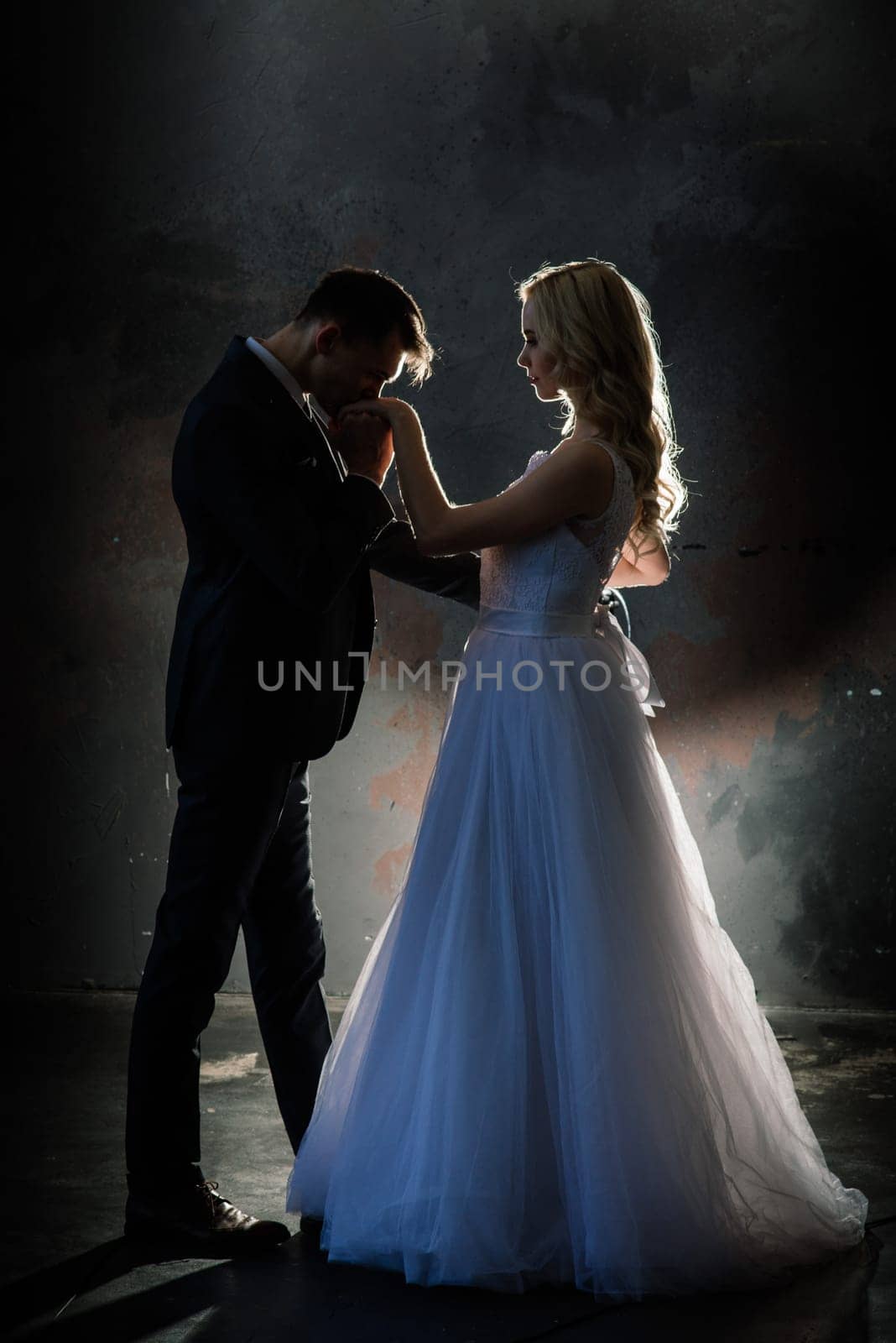 Art fashion studio photo of wedding couple silhouette groom and bride. by Zelenin