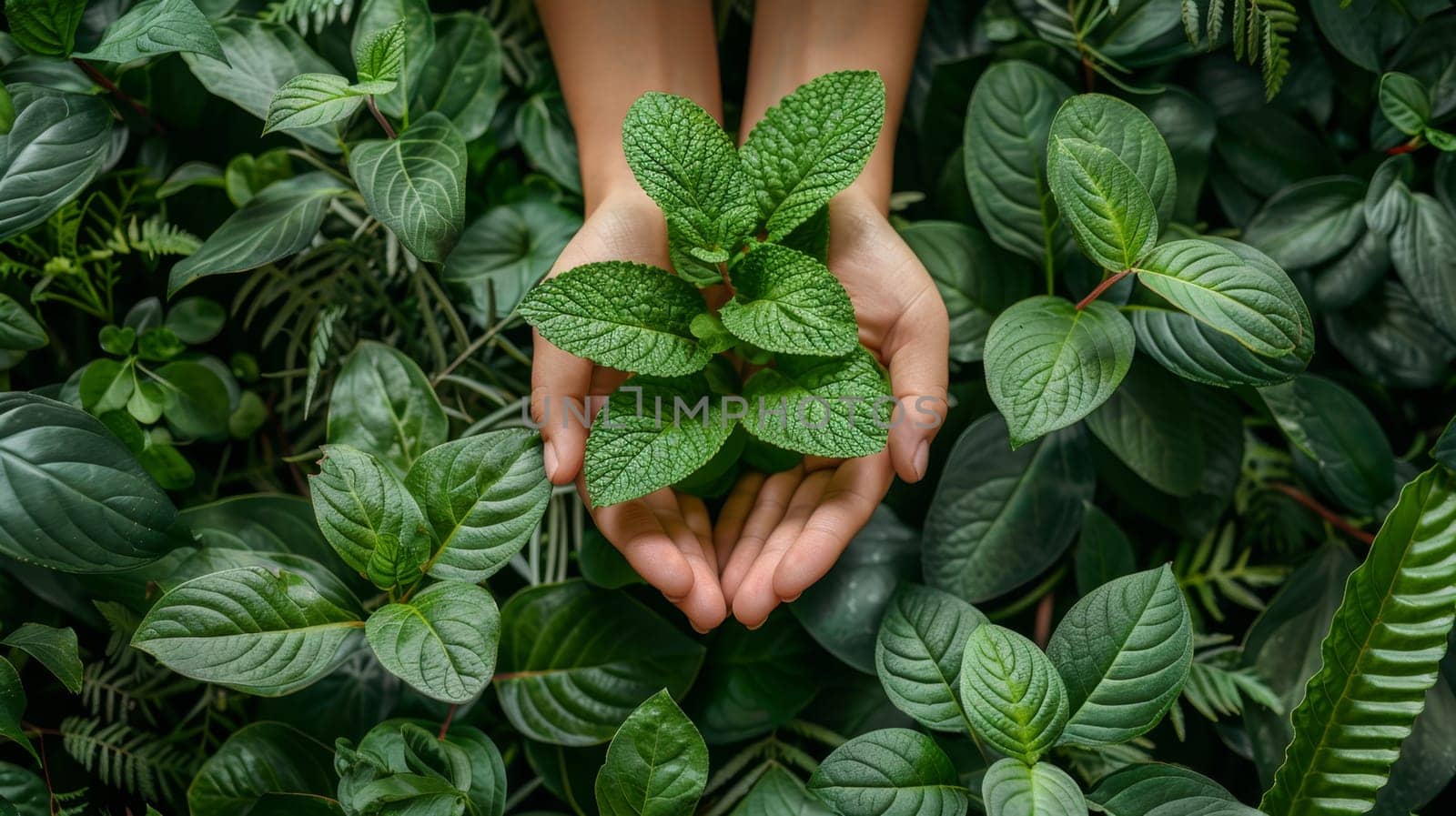 Hands holding a green sprout to grow. Environmental theme.