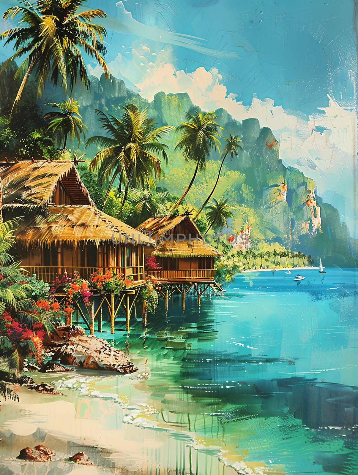 A painting depicting a tropical island with lush palm trees swaying in the breeze.