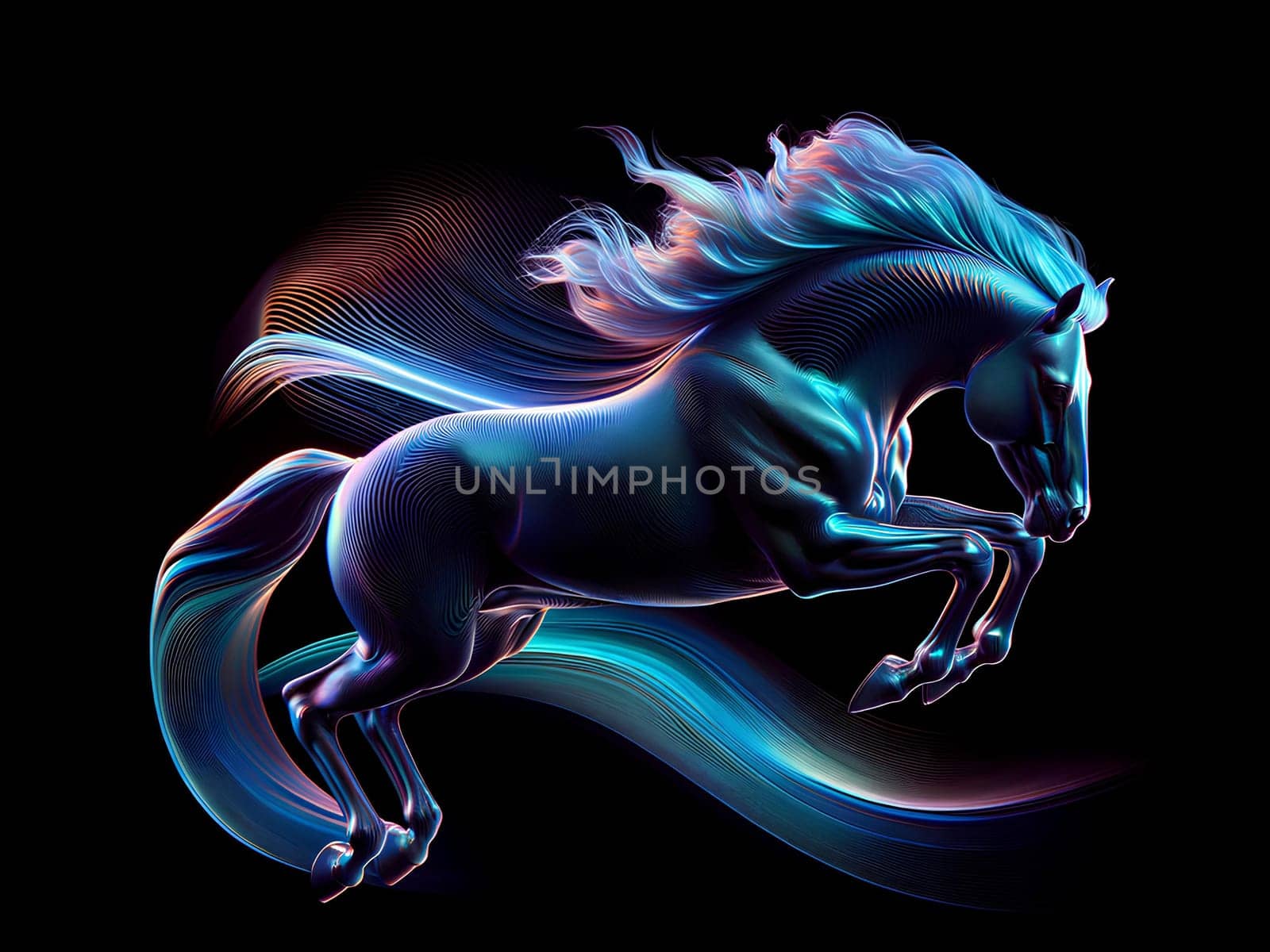 holographic glowing image of a galloping horse on a black background.