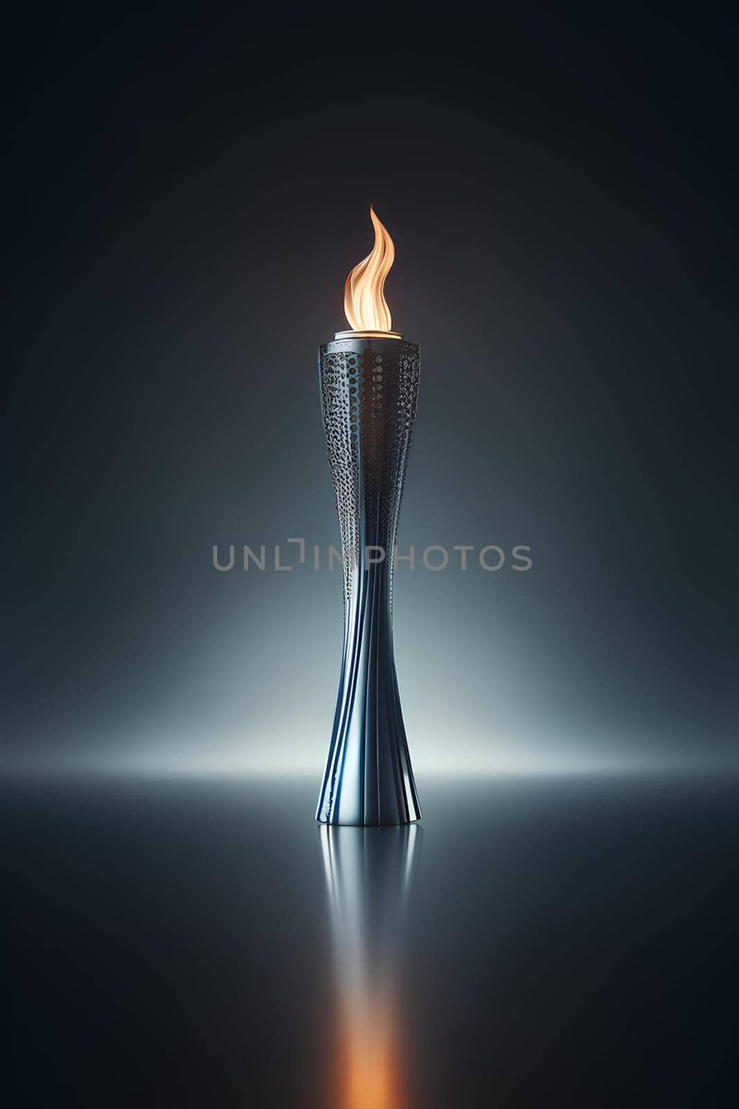 Torch with Olympic flame on a dark background.