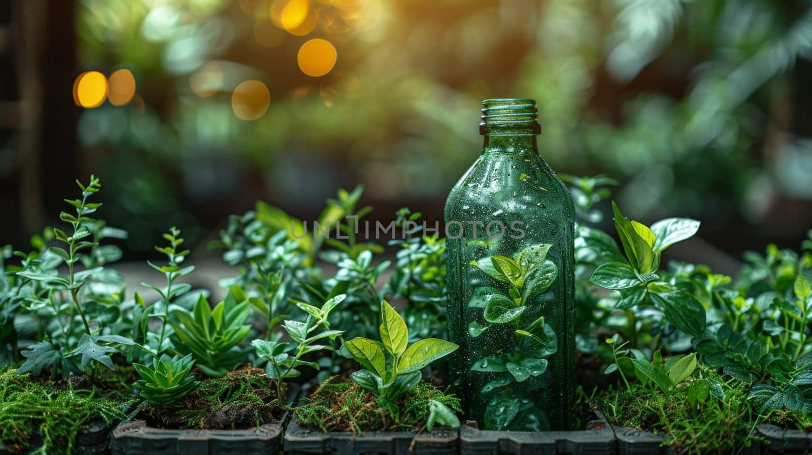 Green plant in a glass jar . Ecological theme.