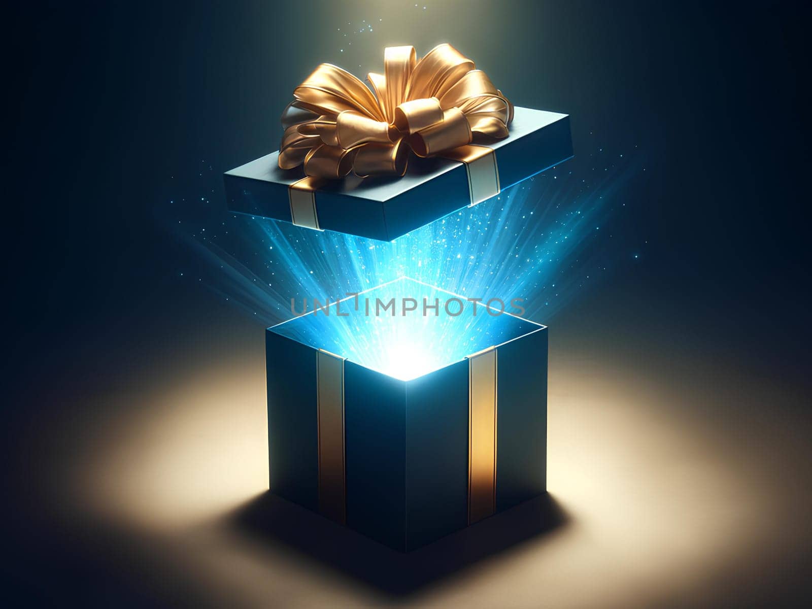 an open gift dark blue box with an untied gold bow, a bright glow emanates from the box.