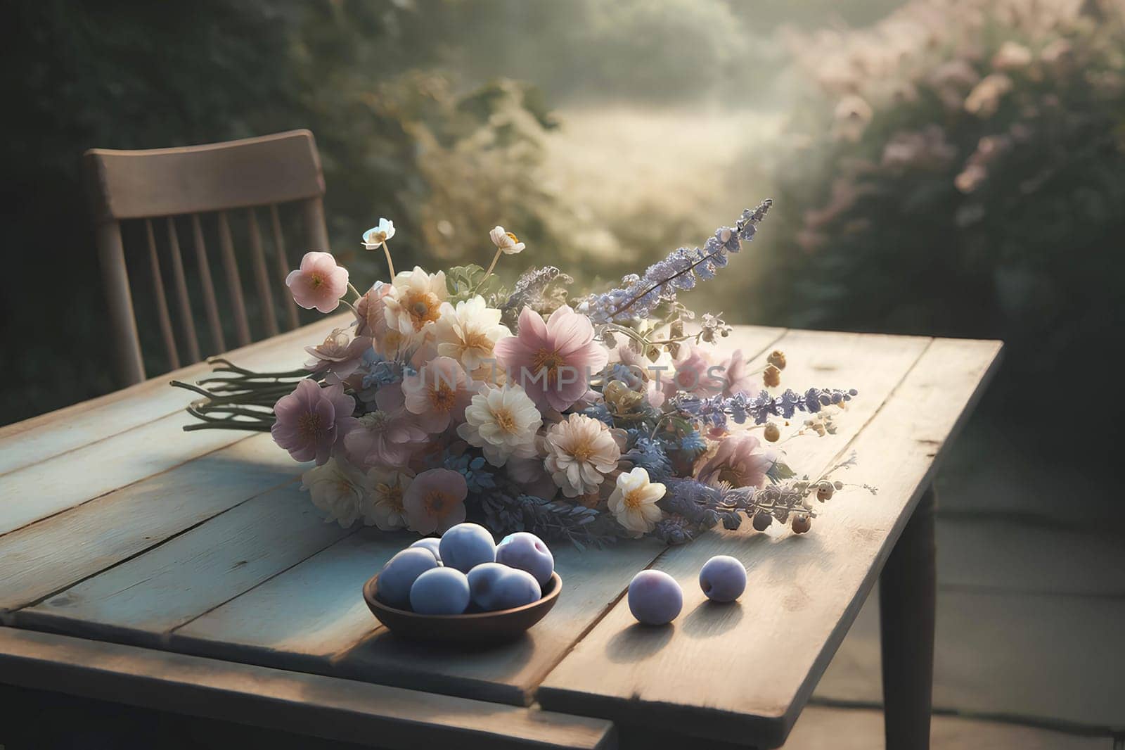 a bouquet of pastel flowers and a dish with plums on a wooden table in the garden.