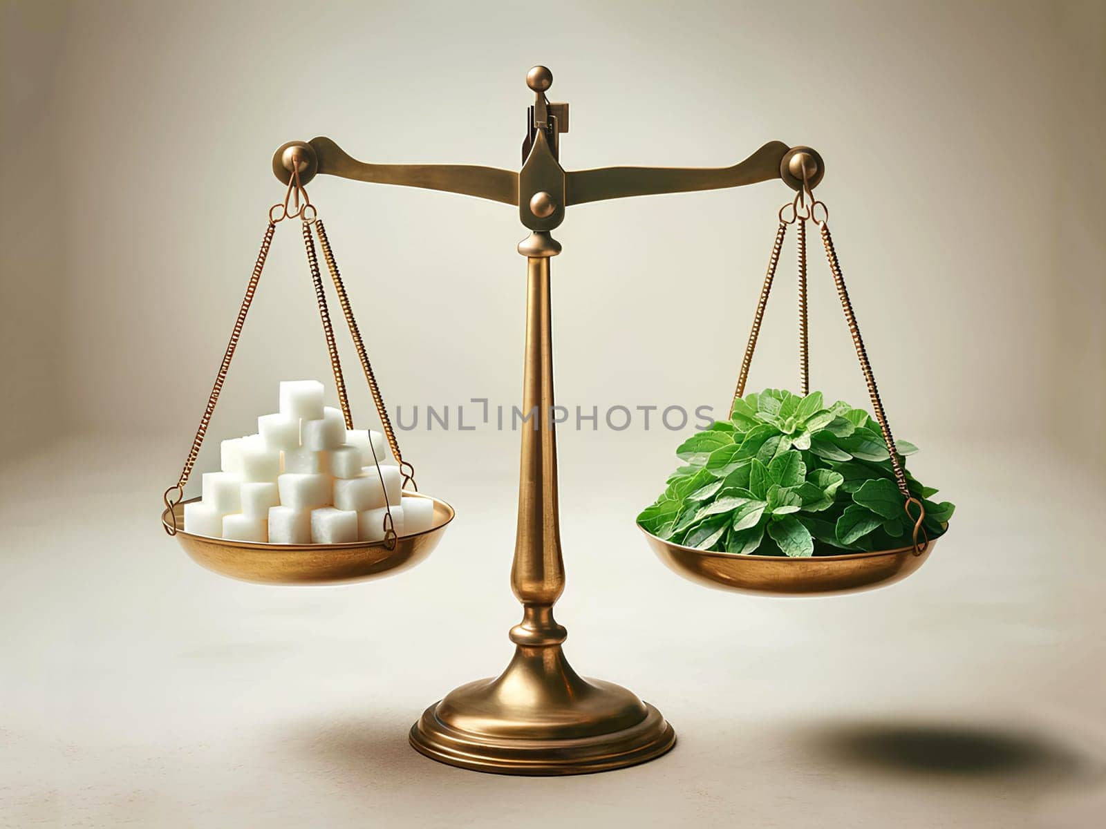 scales with two bowls on a light neutral background. On one bowl there are a few pieces of white sugar, on the other there are fresh stevia leaves by Annado