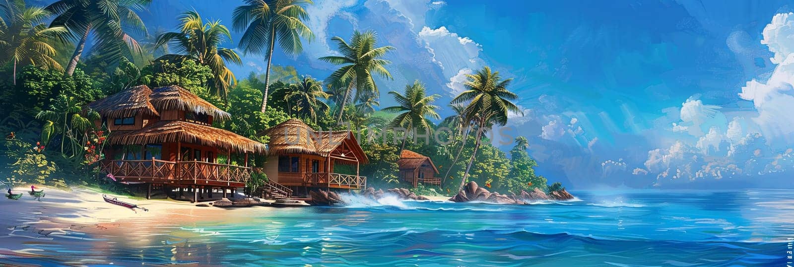 A painting of a tropical beach featuring a hut by the shore with a view of the azure sea.