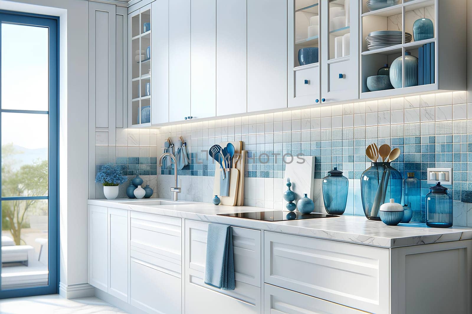 modern kitchen interior with white furniture and blue decorative elements.