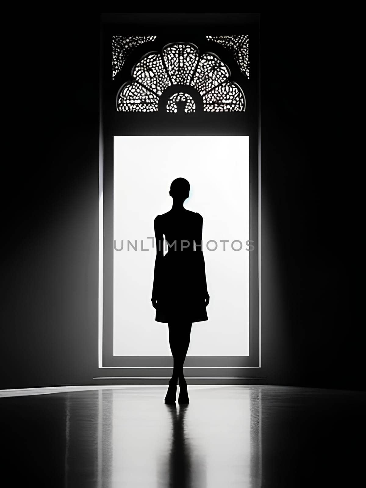 silhouette of a slender woman standing by a light window in a dark room.