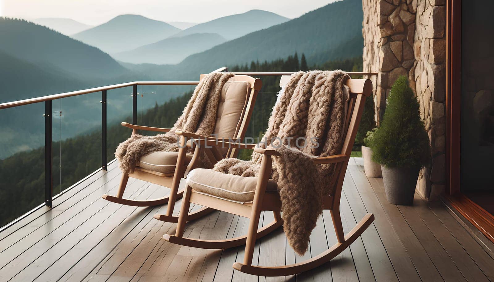 two rocking chairs with warm blankets on an open terrace overlooking the mountains.