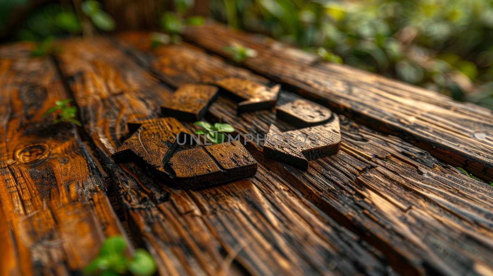 An environmental icon rests on a wooden table . Ecological background.