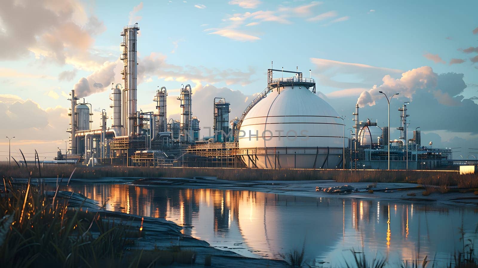 An imposing oil refinery stands next to a tranquil body of water, its facade contrasting with the natural landscape. A striking engineering feat amidst the city skyline