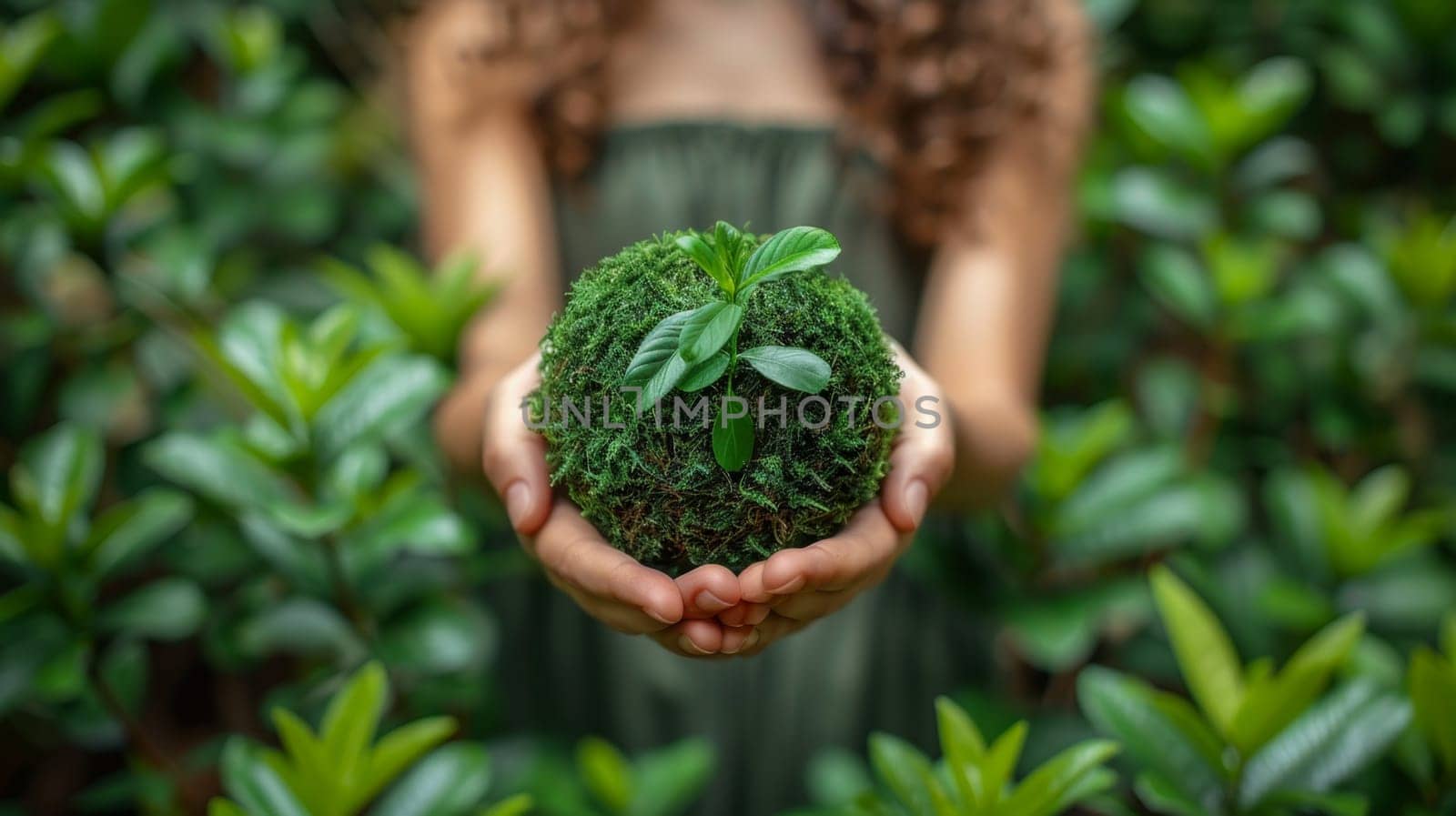 Hands holding a green sprout to grow. Environmental theme.
