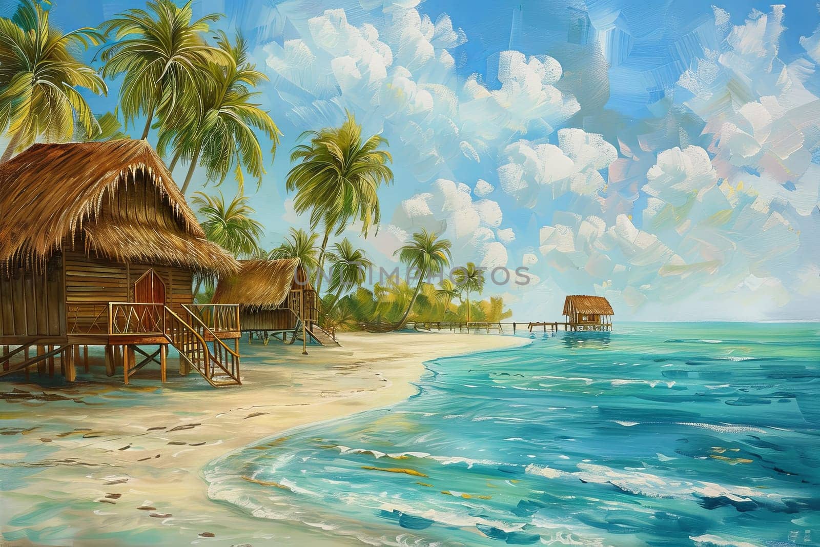 A painting depicting a tropical beach with a hut and palm trees against a backdrop of the azure sea.