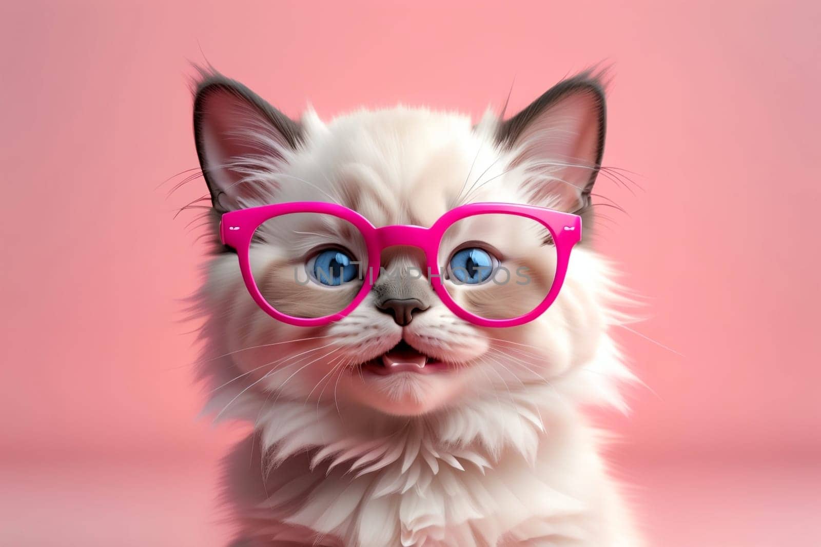 cute Ragdoll kitten wearing pink glasses, isolated on a pink background .