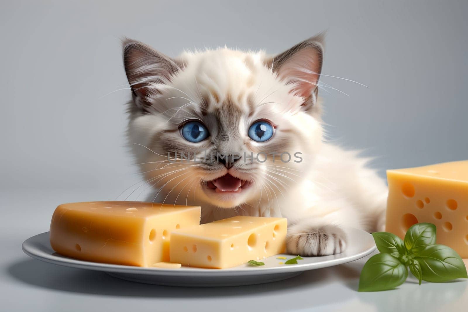 cute Ragdoll kitten looking at a piece of cheese in a plate .
