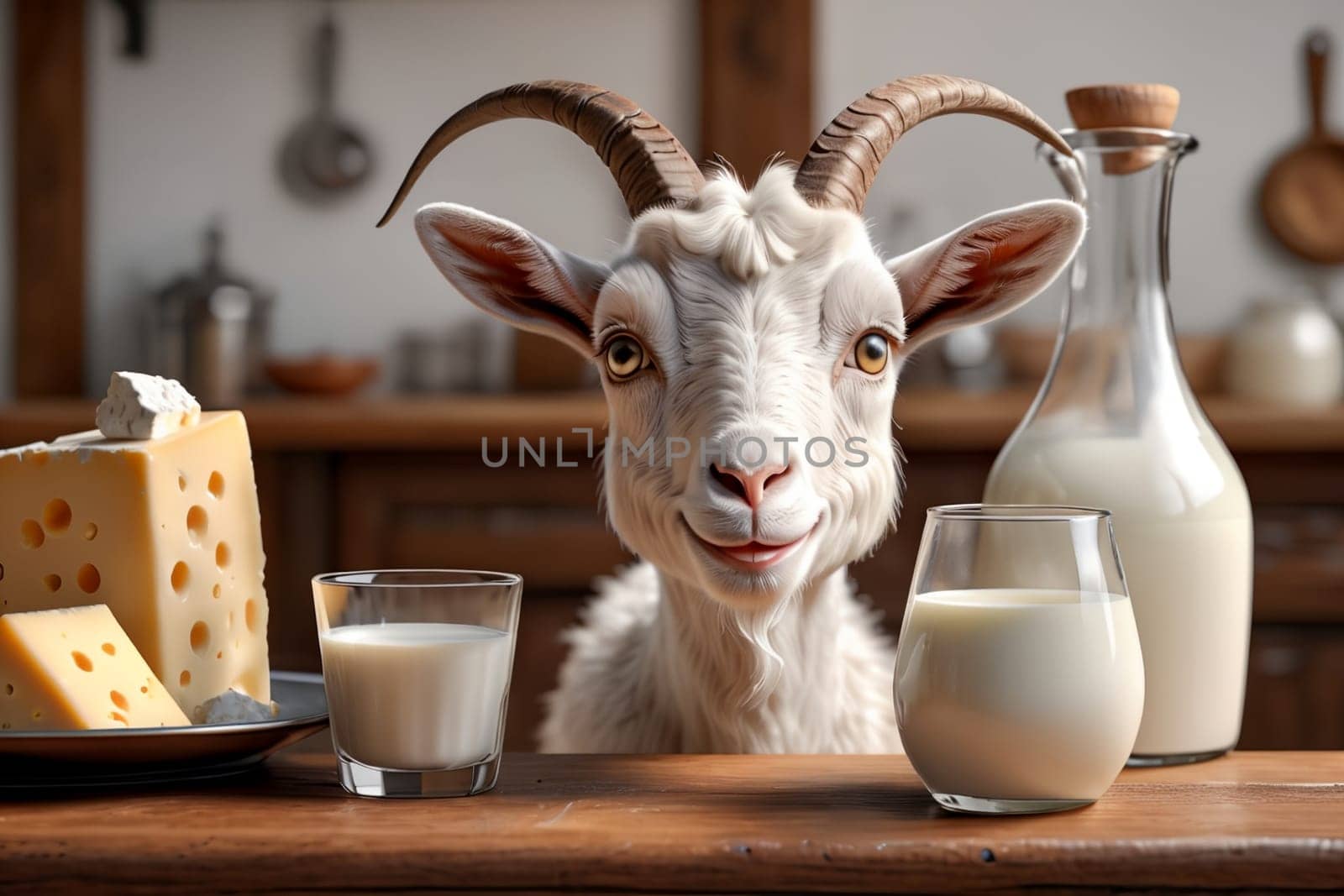 cute goat looking at milk in a glass and dairy products .