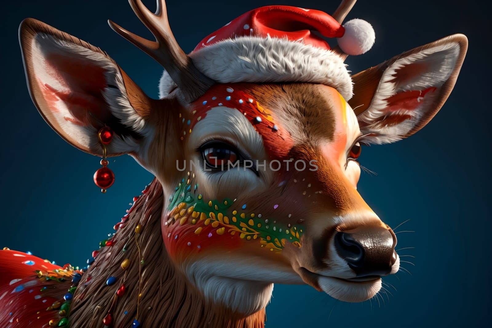 bright colorful deer in a New Year's hat, New Year's card .