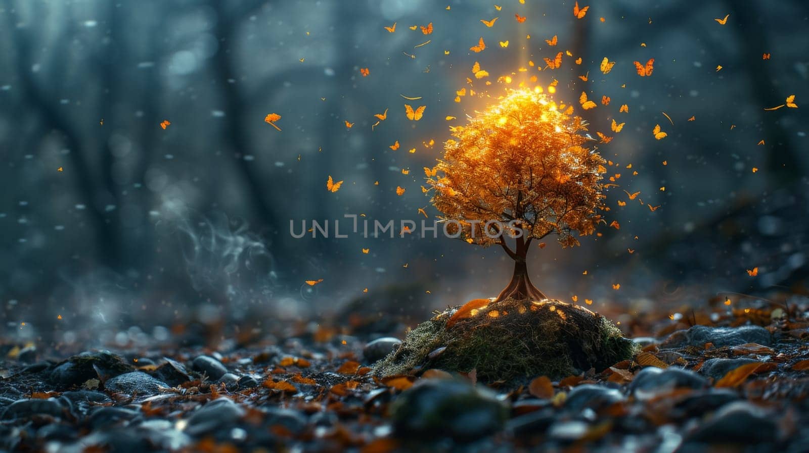 A small autumn tree in a big forest. Environmental concept.