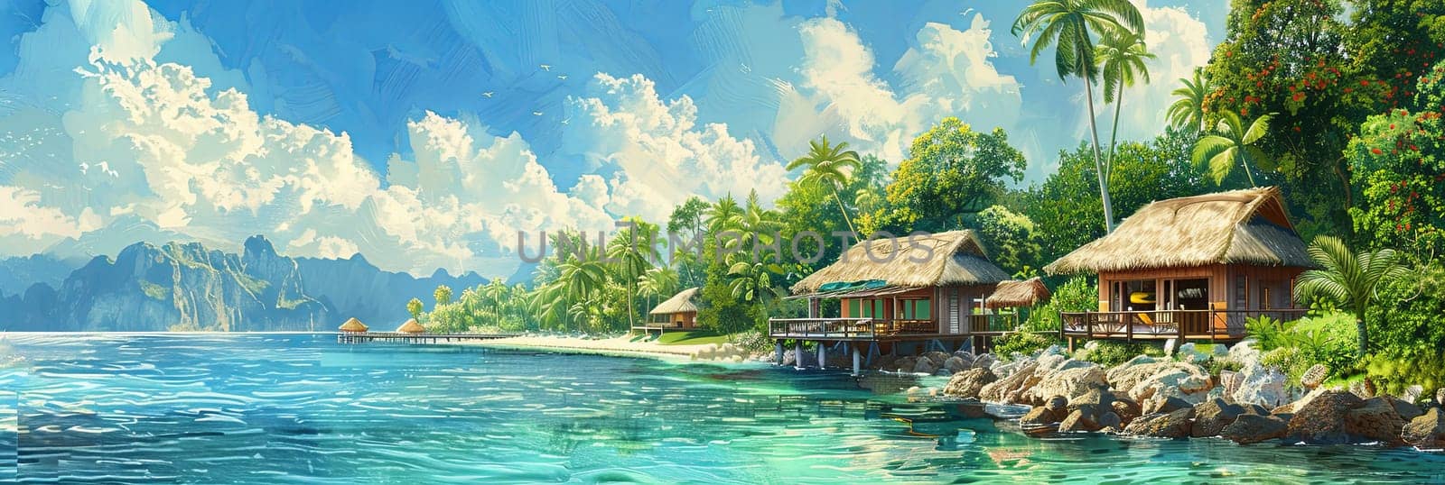 Painting of tropical beach with huts along a sandy shore and azure sea under a clear sky.