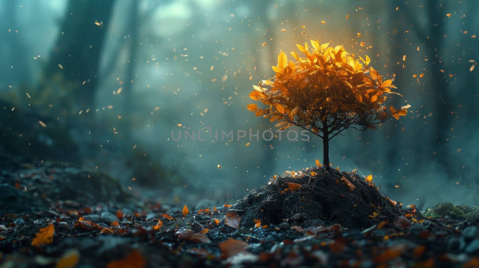 A small autumn tree in a big forest. Environmental concept.