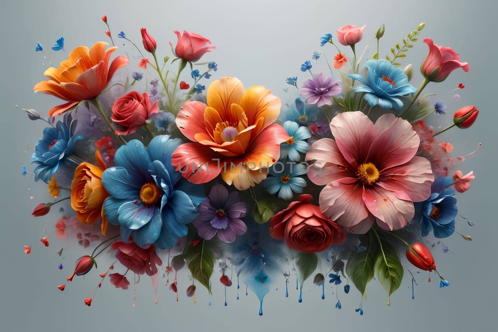 bouquet of bright multi-colored flowers isolated on a blue background .