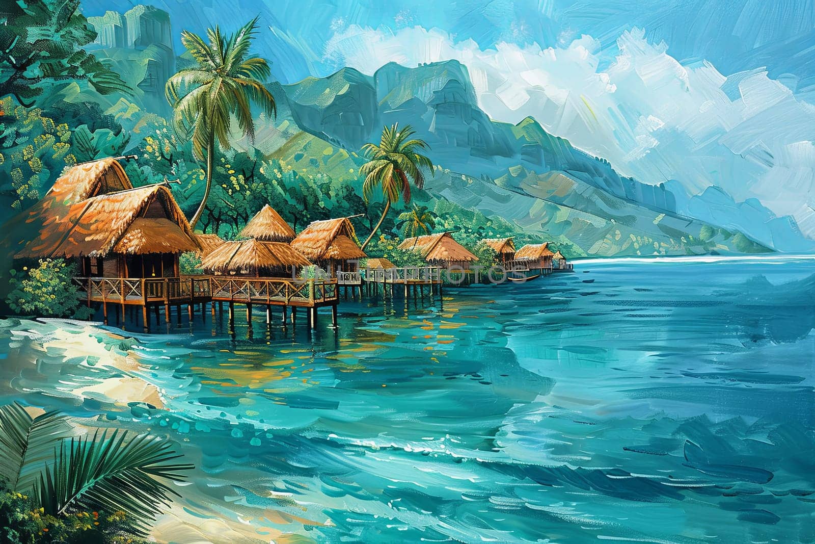 Painting of a tropical beach with bungalows near the azure sea.