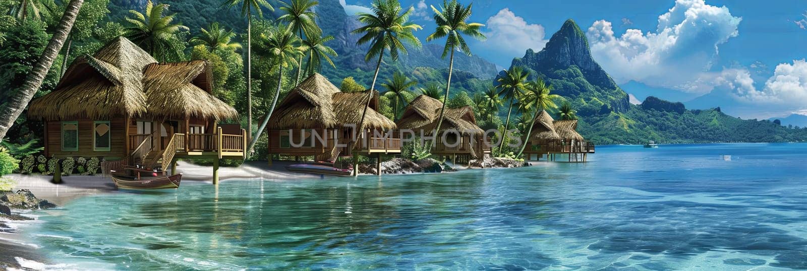 A painting showcasing a tropical beach with beachfront huts, palm trees, and the azure sea in the background.