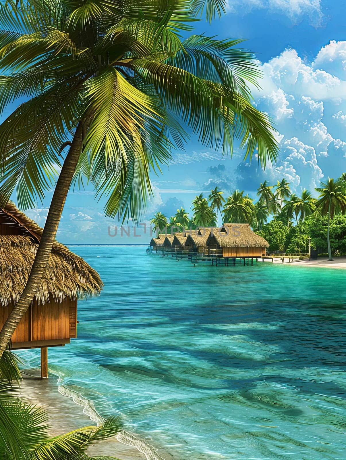 A painting depicting a tropical beach with palm trees, highlighting the azure sea and island life with beachfront bungalows.